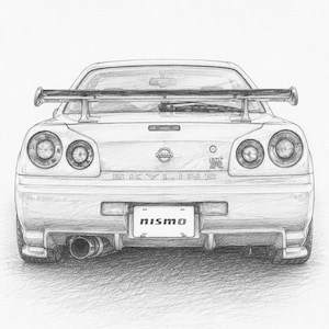 Nissan Skyline GT-R R34 Pencil Drawing | JDM Wall Art | Nismo Poster | Printable Car Art | Digital Download | Automotive Decor