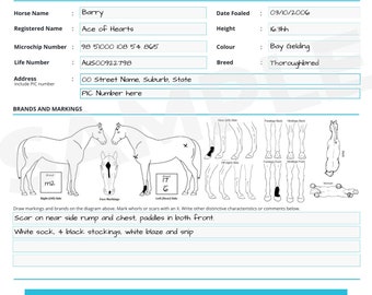 Può includere: Modulo di profilo del cavallo con un'illustrazione in bianco e nero di un cavallo. Il modulo include informazioni sul nome del cavallo, la razza, il numero del microchip e altri dettagli. Il modulo include anche una sezione per marchi e segni, dove l'utente può disegnare marchi sul corpo del cavallo.