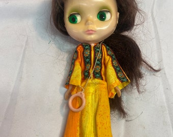 Vintage 1972 Blythe Doll Brown Hair Brunette Color Changing Eyes w/ Original Dress