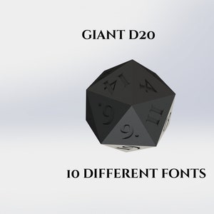 May include: A black 20-sided die with white numbers, labeled "GIANT D20" and "10 DIFFERENT FONTS".