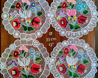 Handmade Vintage 13" Cutwork Embroidery Circle Doily, Richelieu Lacework with Hungarian, Kalocsa-style Floral Motives