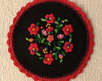 Hand-Embroidered Black Doily (Hungarian, Matyo-style), Table Ornament. Handmade Embroidery.