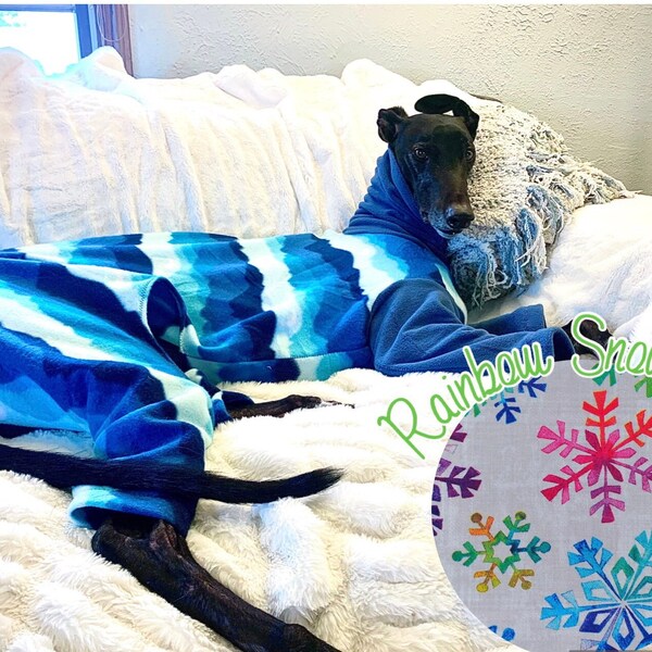 Greyhound Fleece Holiday Pajamas, Rainbow Snowflakes