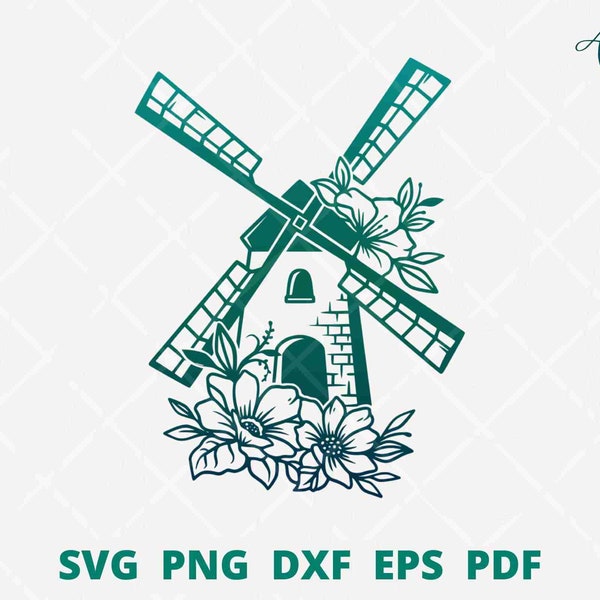 Dutch svg, Windmill SVG, floral windmill svg, windmill with flower, windmill wall decor, windmill cut file for cricut and silhouette