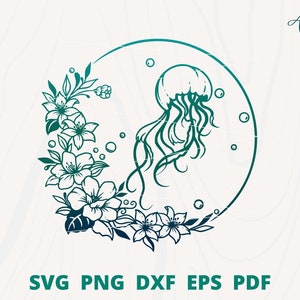 May include: A black and white line art illustration of a jellyfish with tentacles inside a circle surrounded by a floral wreath. The background is a light gray gradient.