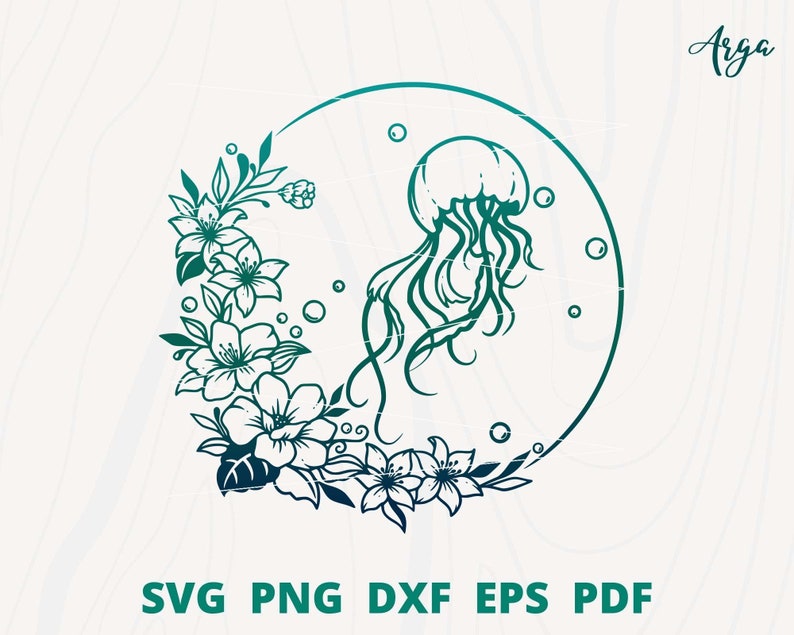 May include: A black and white line art illustration of a jellyfish with tentacles inside a circle surrounded by a floral wreath. The background is a light gray gradient.