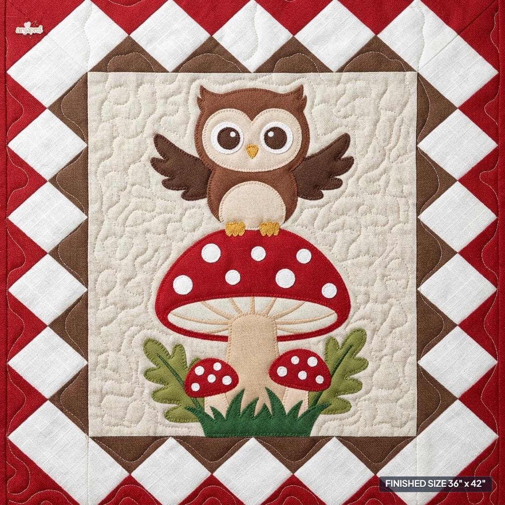 Owl and Mushroom Appliqué Quilt PDF Pattern, Applique Baby Blanket Pattern, Nursery Quilt Sew