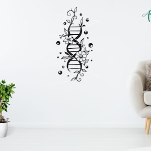 May include: Black and white wall art featuring a DNA double helix design, adorned with floral and botanical elements. The artwork includes stylized flowers, leaves, and circular accents, creating a decorative and scientific theme.