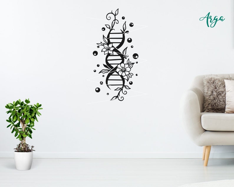 May include: Black and white wall art featuring a DNA double helix design, adorned with floral and botanical elements. The artwork includes stylized flowers, leaves, and circular accents, creating a decorative and scientific theme.