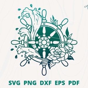 Ship Wheel with wave, Steering Wheel svg, Flower Ship Wheel svg, Ship Wheel Cut file, Captains Wheel svg, Floral Wheel svg, Wheel wall decor