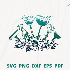 Bodenreiniger SVG, Florales Reinigungswerkzeug svg, Reinigungswerkzeugrahmen für Mädchenschild oder Mädchenlogo, Reinigungszubehör mit Blumensvg