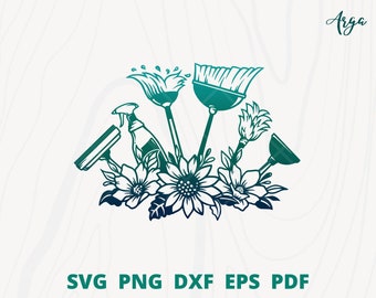 floor cleaner SVG, Floral cleaning tool svg, cleaning tool frame for maid sign or maid logo, cleaning supplies with flower svg