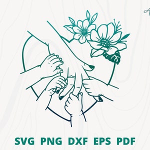 4 人の子供の手を持つ母親 svg、手を握る svg、ママと赤ちゃん svg、母の日 svg、花を持つママと赤ちゃんの手 svg、ママと子供たち svg