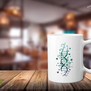 May include: White ceramic mug featuring a teal and green DNA helix design with floral accents. The mug has a curved handle and is set against a blurred background. The word "Arga" is written in the top right corner.
