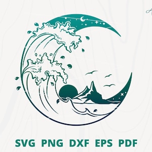 May include: A teal blue and green crescent moon design with a wave crashing over a mountain and a sun setting behind it. The design includes stars and birds.