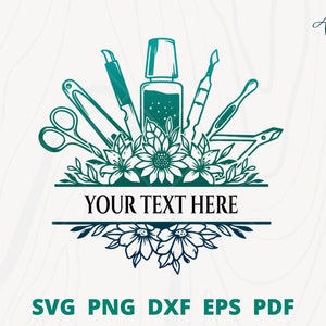 May include: A green and blue gradient design featuring a nail polish bottle, nail clippers, tweezers, and scissors surrounded by flowers. The text "YOUR TEXT HERE" is displayed on a banner.