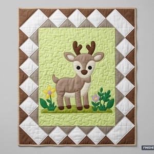 May include: A rectangular quilt featuring a central light green panel with a brown deer appliqué, a yellow flower, and a purple flower. The border consists of white and brown triangles. The finished size is 36 inches by 42 inches.