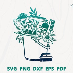 Putzwerkzeug svg 3, Floral Putzwerkzeug svg, Putzwerkzeug Rahmen für Maid Zeichen oder Maid Logo, Reinigungsmittel mit Blume