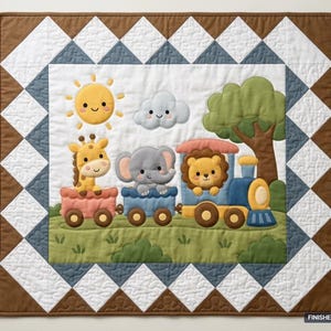 以下が含まれることがあります： キリン、ゾウ、ライオンが乗った列車、太陽、雲、木が描かれた正方形のキルト。縁取りは茶色と白のダイヤモンド模様。プリントされている完成サイズは91.44cm x 106.68cmです。