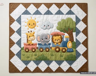 May include: A square quilt featuring a train with a giraffe, elephant, and lion in the carriages, a sun, a cloud, and a tree. The border has a brown and white diamond pattern. The quilt has a finished size of 91.44 cm by 106.68 cm as printed.