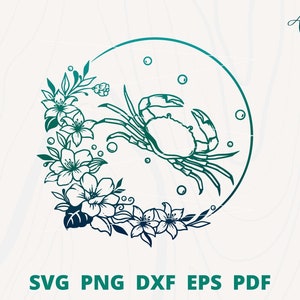 Flower Crab svg, Crab with flower svg file, Sea crab svg, Crab flower frame svg, Ocean Animal svg, Crab Silhouette, Flower Crab cut file