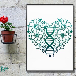 May include: A teal and green gradient print of a DNA double helix inside a heart shape made of stylized flowers.
