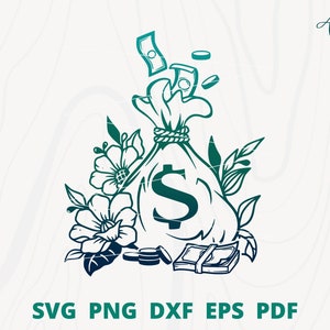 Moneybag svg, floreale Moneybag svg, borsa del tesoro svg, Piggy Bank svg, Fiore Moneybag svg, Risparmio svg, Save Money svg, Moneybag Cut file