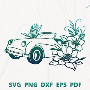 Wedding car svg, Spring car svg, Car for mom svg, car with flower svg, wedding car wall decor, wedding car drawing, floral car cut file