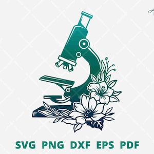May include: A teal blue silhouette of a microscope with floral accents. The microscope is detailed with a lens, stage, and base. The flowers are stylized and include a large bloom with five petals.