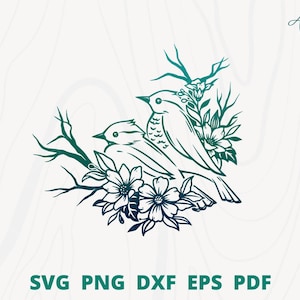 Pájaros enamorados svg, Pareja pájaros en una rama svg, pájaros en escena romántica svg, pájaros decoración de bodas, pájaros con flor svg