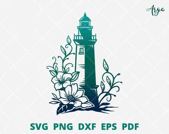 Sea light svg, Lighthouse svg, lighthouse with flower, lighthouse wall decor, floral lighthouse svg, vintage lighthouse clipart