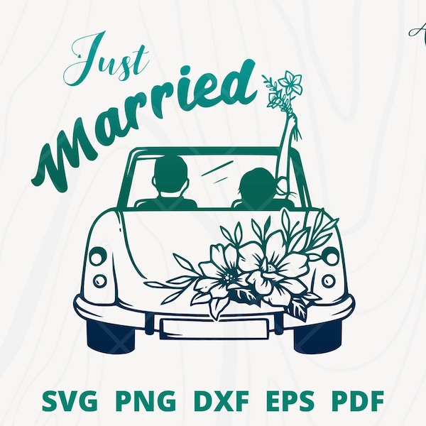 Recién casado SVG, signo de recién casado, coche de boda svg, matrimonio svg, decoración de pared de boda, pegatina de boda, ilustración para invitación de boda