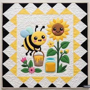 Könnte beinhalten: Ein quadratischer Quilt mit einer zentralen Applikation einer lächelnden Biene, die einen Honigeimer neben einer Sonnenblume und einem Honigglas hält. Der Rand besteht aus schwarzen, weißen und gelben Dreiecken. Fertige Größe 91 cm x 107 cm.