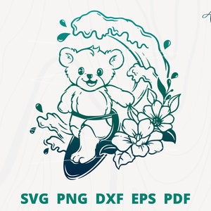 surfing bear svg, floral bear svg, surfing bear silhouette svg, floral bear svg, cute bear svg, bear svg, animal flower svg