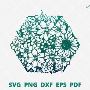 Kwiaty sześciokątne svg, Geometryczny kwiat svg, dekoracja ścienna z kwiatami, kwiatowa ramka sześciokątna svg, szablon wycinanki, plik wycinania kwiatów