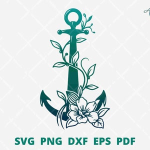 Puede incluir: Un ancla azul turquesa con un diseño floral. El ancla está rodeada de enredaderas y flores. Las flores son blancas con un centro azul turquesa.