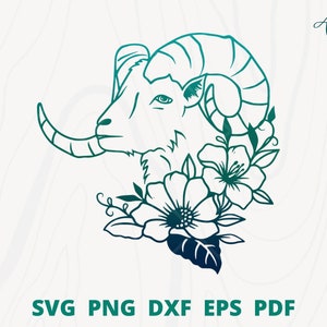 May include: A line art illustration of a ram's head with horns and floral accents. The ram's head is facing left and the horns are curled. The flowers are stylized and have five petals. The illustration is in shades of blue and green.