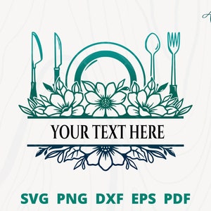 Split monogram restaurant svg, Restaurant logo, floral cutlery frame, DIY restaurant name, spoon and fork cut file, kitchen tool floral png