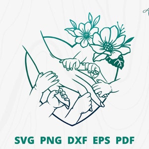 6 人の子供の手を持つ母親 svg、花の手を握る svg、ママと赤ちゃん svg、母の日 svg、花を持つ 6 人の赤ちゃんの手、ママと子供たち svg