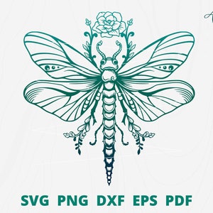 Dragonfly with flower svg, Dragonfly svg, Floral Dragonfly wall decor, Mandala Dragonfly svg, Dragonfly silhouette.