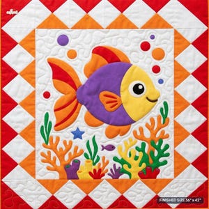 May include: A quilted wall hanging featuring a central purple and yellow fish surrounded by colorful coral, seaweed, and bubbles. The border consists of a red and orange diamond pattern. The text on the bottom right reads: FINISHED SIZE 36" x 42".