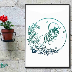 May include: A green and white illustration of a jellyfish with tentacles and a floral wreath around it. The jellyfish is inside a circle with bubbles.