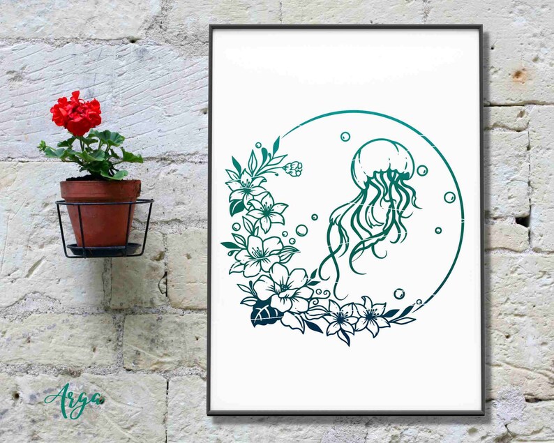 May include: A green and white illustration of a jellyfish with tentacles and a floral wreath around it. The jellyfish is inside a circle with bubbles.