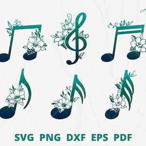May include: Six different floral designs featuring musical notes. The designs include a treble clef, a bass clef, and four different variations of a musical note. The designs are in shades of green and blue.