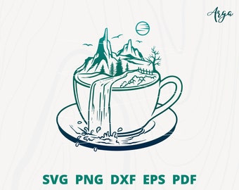 Cascade svg, cascade sur tasse de café SVG, Amateur de café svg, Scène de cascade svg, Décoration murale de café, Illustration de cascade