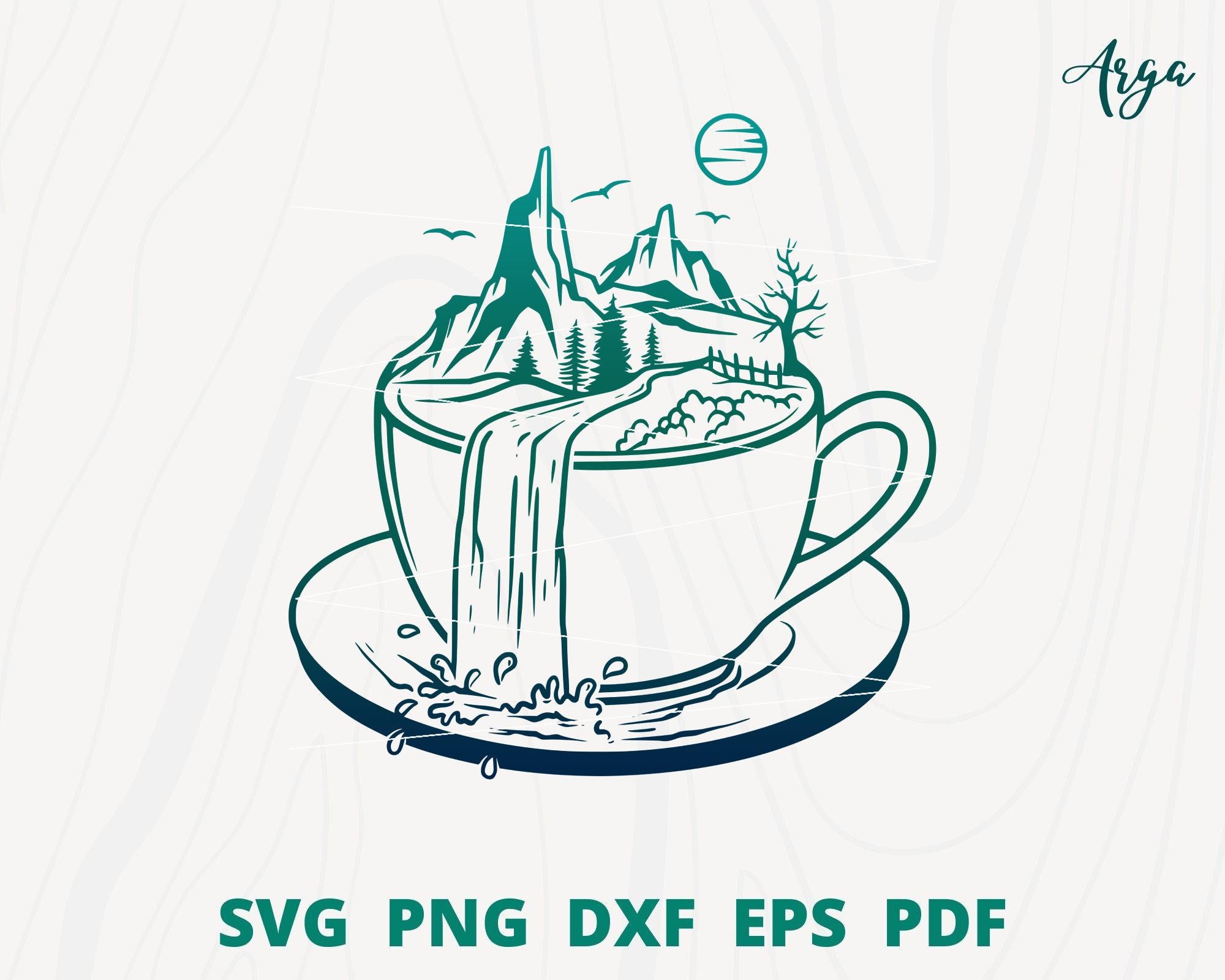 Waterfall svg, waterfall on Coffee cup SVG, Coffee lover svg, Waterfall scene svg, Coffee shop wall decor, Waterfall illustration
