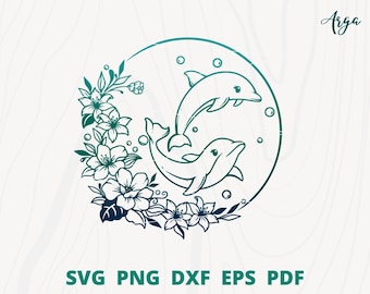 Dolphin flower frame svg, floral Dolphin svg, Sea Animal svg, Ocean Animal svg, Dolphin wall decor, Flower Dolphin cut file, Dolphin lover