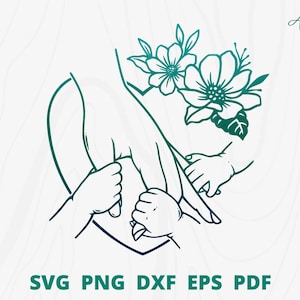母親と 3 人の子供の手 svg、手をつないでいる svg、ママと赤ちゃん svg、母の日 svg、ママと赤ちゃんの手と花 svg、ママと子供たち svg