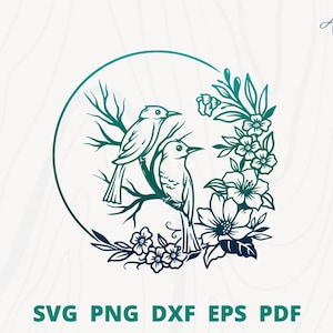 Birds svg files, Couple birds on a floral frame, birds in romantic scene, Birds in love svg, birds wedding decoration, birds with flower svg