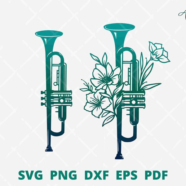 Trumpet svg, music instrument svg, floral Trumpet svg, Trumpet png sublimation, band logo, Trumpet flower svg, musical equipment vector